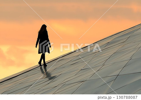 Silhouette woman walking uphill at sunset hope journey concept Silhouette woman walking uphill at sunset hope journey concept 130788087