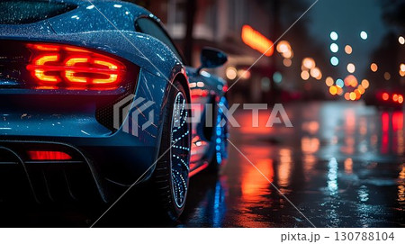 Illuminated Sports Car Tail Light Reflecting on Wet City Street 130788104