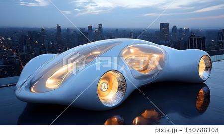 Futuristic Car Design with Illuminated Wheels and City Skyline B 130788108