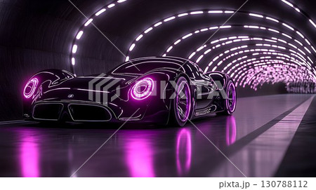 Futuristic Black Sports Car with Neon Purple Lights in Tunnel Se 130788112