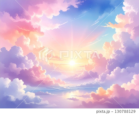パステルカラーの雲と朝日の幻想的な空 背景 130788129