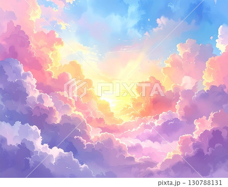 黄金色に輝くパステル雲と空の幻想風景 130788131
