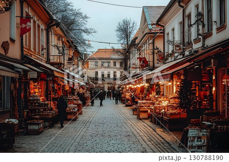 Cobblestone street lined with market stalls and shoppers in a Eu Cobblestone street lined with market stalls and shoppers in a Eu 130788190