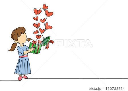Continuous one line drawing the girl brought a gift box from which lots of hearts came out to the top. A sincere expression of affection. Day of Mother. Single line draw design vector illustration 130788234