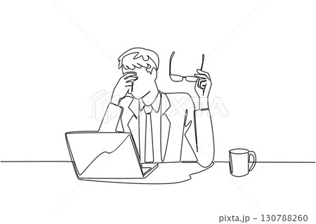 Continuous one line drawing businessman sits while taking off glasses and rubbing his eyes. A programmer who feels very tired. Chronic Fatigue Syndrome Day. Single line draw design vector illustration 130788260