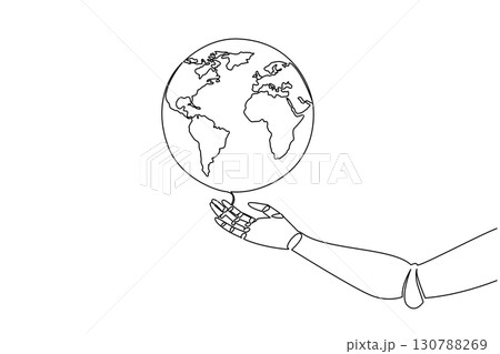 Continuous one line drawing robot hand with globe on top. Artificial intelligence robots will fill the earth. Dilemma problem. National Technology Day. Single line draw design vector illustration 130788269