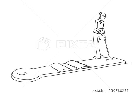 Continuous one line drawing a woman wants to hit the ball on a mini golf course. Light training before joining the championship. National Mini Golf Day. Single line draw design vector illustration 130788271