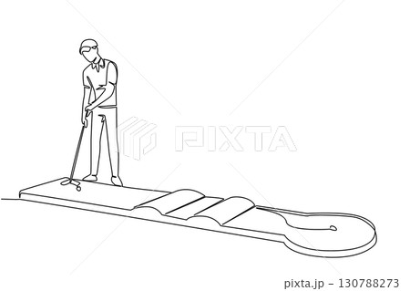 Single continuous line drawing a boy wants to hit the ball on a mini golf course. Spending time exercising on the weekend. Keep fit. Sport. National Mini Golf Day. One line design vector illustration 130788273