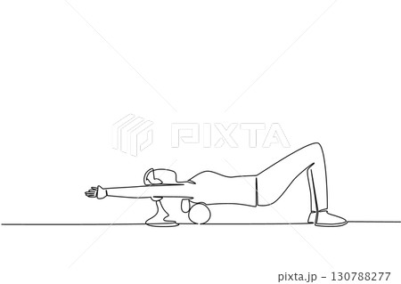 Single one line drawing a woman exercising using a foam roller. Stretches to relieve back pain. Still exercising alone. Health. National Foam Rolling Day. Continuous line design graphic illustration 130788277
