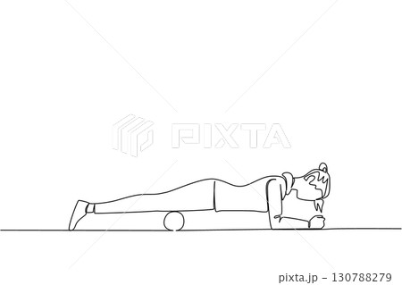 Continuous one line drawing a woman exercising using foam roller. Relieves pain from tension in the front thigh muscles. Health. National Foam Rolling Day. Single line draw design vector illustration Continuous one line drawing a woman exercising using foam roller. Relieves pain from tension in the front thigh muscles. Health. National Foam Rolling Day. Single line draw design vector illustration 130788279