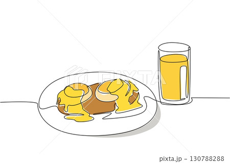 Continuous one line drawing eggs benedict topped with melted cheese and a glass of orange juice. Late breakfast moment. Filling. Brunch for Lunch Day. Single line draw design vector illustration 130788288