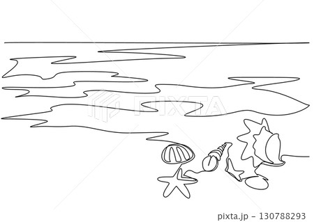 Single one line drawing various shells and starfish on the beach. Guardians of a healthy marine ecosystem. Ecosystem diversity generator. Mother Ocean Day. Continuous line design graphic illustration 130788293