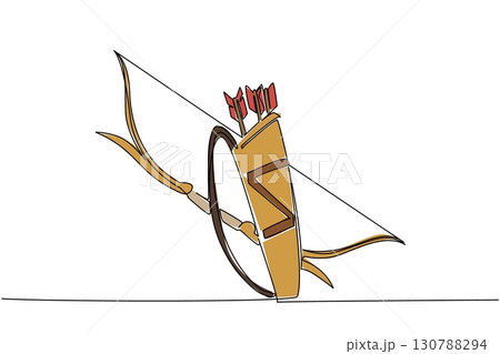 Continuous one line drawing the bow and arrows are in the quiver. Classic weapons that remain in use into the future. Train the focus. Game. Archery Day. Single line draw design vector illustration 130788294
