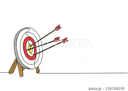 Single continuous line drawing 3 arrows hit the target pad. Achievements that are not yet optimal. Lack of practice. Lack of focus. Lack of accuracy. Archery Day. One line design vector illustration 130788295