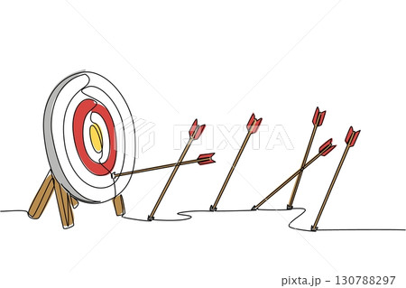 Continuous one line drawing more arrows stuck in the ground than the target pad. Lots of practice to perfect. Lack of accuracy. Not on target. Archery Day. Single line draw design vector illustration 130788297