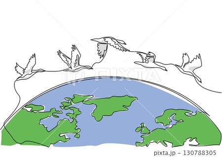 Continuous one line drawing goose mass flight across half the size of the globe. Go in groups to avoid the winter. Adaptation. World Migratory Bird Day. Single line draw design vector illustration Continuous one line drawing goose mass flight across half the size of the globe. Go in groups to avoid the winter. Adaptation. World Migratory Bird Day. Single line draw design vector illustration 130788305