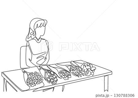 Continuous one line drawing woman sitting and a table with several bouquets of flowers. Waiting for potential buyers to arrive. National Small Business Day. Single line draw design vector illustration Continuous one line drawing woman sitting and a table with several bouquets of flowers. Waiting for potential buyers to arrive. National Small Business Day. Single line draw design vector illustration 130788306