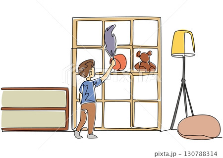Single continuous line drawing a boy dusting shelf using a duster. Daily routine after playing in the room. Cleanliness is beautiful. National Clean Your Room Day. One line design vector illustration 130788314