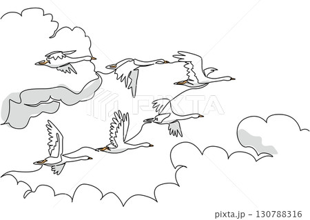 Single continuous line drawing swans fly in mass formation. Fly in groups as high as the clouds to move hundreds of miles. Migration. World Migratory Bird Day. One line design vector illustration 130788316