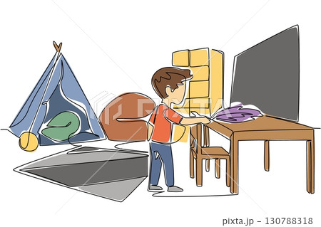 Single one line drawing a boy dusts the table using a duster. Clean thoroughly without any dust residue. Diligent and patient. National Clean Your Room Day. Continuous line design graphic illustration 130788318