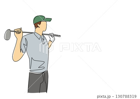 Continuous one line drawing a young man wearing gloves and a hat is putting a golf club on his shoulder. Waiting for his turn. Practice. National Golf Day. Single line draw design vector illustration 130788319