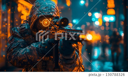 Futuristic Soldier with Night Vision Sniper Rifle 130788326