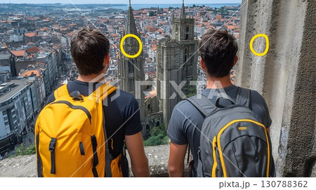 Urban cityscape view from high vantage point two travelers with backpacks Urban cityscape view from high vantage point two travelers with backpacks 130788362