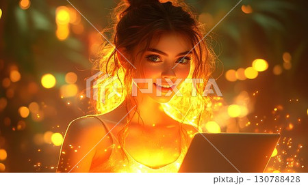 Smiling woman using tablet surrounded by warm light and sparks Smiling woman using tablet surrounded by warm light and sparks 130788428