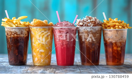 Iced beverages with toppings refreshing drinks in plastic cups 130788459