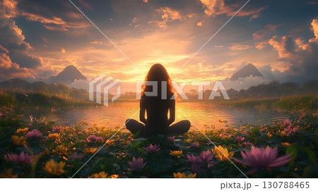 Woman meditating at sunset peaceful landscape with lake and flowers 130788465