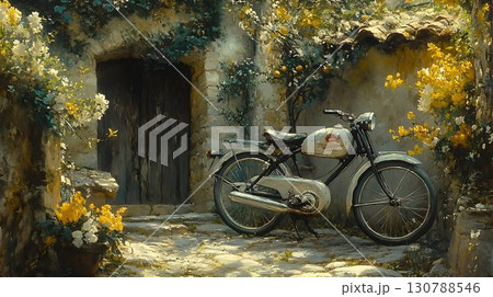 Vintage Motorcycle Parked Beside Stone Cottage Doorway Adorned w 130788546