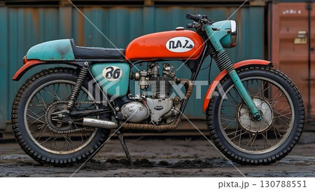 Vintage Motorcycle with Teal and Orange Paint, Number Thirty-Six 130788551