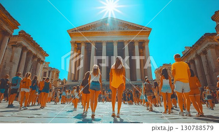 People visiting a grand classical building on a sunny day 130788579