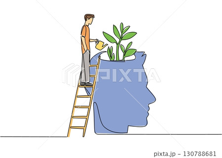 Single continuous line drawing a man stands on the stairs and waters the head that grows 3 plants. Cultivating a caring attitude. International Day of Plant Health. One line design vector illustration 130788681
