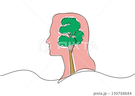 Single one line drawing head of woman with a large plant inside. Thinking about greening the earth. Continuously caring. International Day of Plant Health. Continuous line design graphic illustration Single one line drawing head of woman with a large plant inside. Thinking about greening the earth. Continuously caring. International Day of Plant Health. Continuous line design graphic illustration 130788684