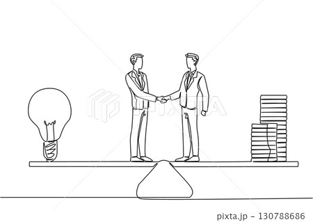 Single continuous line drawing 2 businessmen shaking hands with large stack of coins and a large light bulb. Final stage negotiations agreed. World Fair Trade Day. One line design vector illustration 130788686