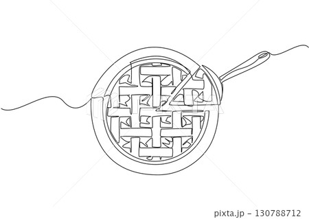 Single one line drawing apple pie and small portion on a cookie scoop on a round wooden cutting board. Taste a spoonful of pleasure. National Apple Pie Day. Continuous line design graphic illustration 130788712