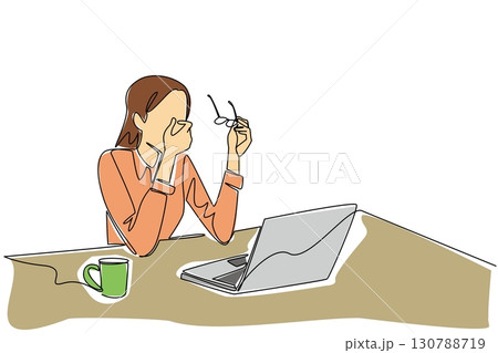Single one line drawing businesswoman sits while taking off glasses and rubbing eyes. Working overtime takes a lot of energy. Chronic Fatigue Syndrome Day. Continuous line design graphic illustration Single one line drawing businesswoman sits while taking off glasses and rubbing eyes. Working overtime takes a lot of energy. Chronic Fatigue Syndrome Day. Continuous line design graphic illustration 130788719