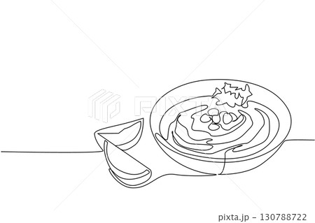 Continuous one line drawing hummus in white bowl with leaf and nut toppings plus lemon slices. Creamy and fresh blend in mouth. International Hummus Day. Single line draw design vector illustration 130788722