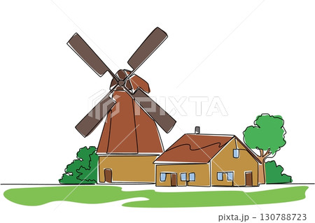 Single continuous line drawing windmill with house. Giant waterwheel to smooth irrigation channels. Eco friendly house. Balance of nature. National Windmill Day. One line design vector illustration Single continuous line drawing windmill with house. Giant waterwheel to smooth irrigation channels. Eco friendly house. Balance of nature. National Windmill Day. One line design vector illustration 130788723