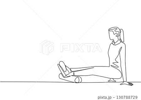 Single continuous line drawing a woman exercising using a foam roller. Sprain. Minor ankle injury. Recovery. Restore joint strength. National Foam Rolling Day. One line design vector illustration 130788729