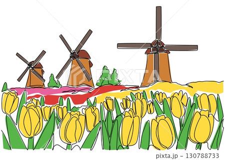 Single continuous line drawing tulip garden with some windmills. Automatic irrigation for watering large tulip flower gardens. Technology. National Windmill Day. One line design vector illustration Single continuous line drawing tulip garden with some windmills. Automatic irrigation for watering large tulip flower gardens. Technology. National Windmill Day. One line design vector illustration 130788733