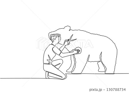 Single continuous line drawing a male gardener kneeling holding tree shears shaping a tree into a bear. Channeling hobbies into different media. World Topiary Day. One line design vector illustration Single continuous line drawing a male gardener kneeling holding tree shears shaping a tree into a bear. Channeling hobbies into different media. World Topiary Day. One line design vector illustration 130788734