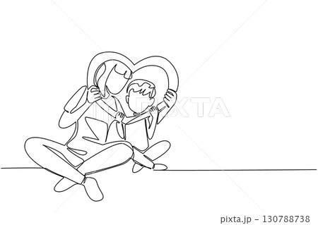 Single continuous line drawing boy and his mother sitting on the floor holding a heart shaped frame. The closeness of a boy and his mother. Mothers at the Wall Day. One line design vector illustration 130788738