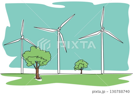 Continuous one line drawing some windmills in the meadow with some big trees. Very useful technology for irrigation. Generator. National Windmill Day. Single line draw design vector illustration Continuous one line drawing some windmills in the meadow with some big trees. Very useful technology for irrigation. Generator. National Windmill Day. Single line draw design vector illustration 130788740