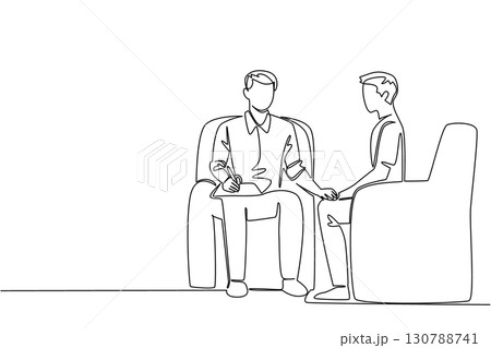 Continuous one line drawing a man holding a clipboard while holding the hand of a man next to him. Care. National Mental Health Provider Appreciation Day. Single line draw design vector illustration Continuous one line drawing a man holding a clipboard while holding the hand of a man next to him. Care. National Mental Health Provider Appreciation Day. Single line draw design vector illustration 130788741