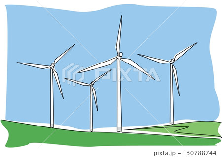 Single one line drawing some windmills in the meadow. Drive the milling machine. Technology that helps humans. View in countryside. National Windmill Day. Continuous line design graphic illustration 130788744