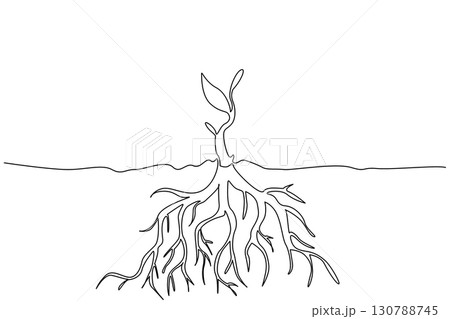 Single continuous line drawing plant shoots with thick roots underground. Strong plant candidates support life on earth. Eco. International Day of Plant Health. One line design vector illustration 130788745