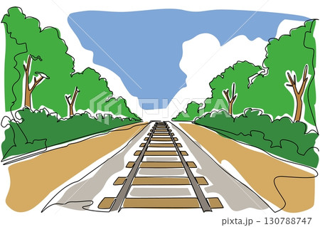 Single continuous line drawing train tracks with added trees along the tracks. Point of view of the machinist. Enjoying the green leaves. View. National Train Day. One line design vector illustration Single continuous line drawing train tracks with added trees along the tracks. Point of view of the machinist. Enjoying the green leaves. View. National Train Day. One line design vector illustration 130788747