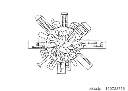 Continuous one line drawing plants in the middle with surrounding buildings surrounding it. Nature remains beautiful. International Day of Plant Health. Single line draw design vector illustration 130788756